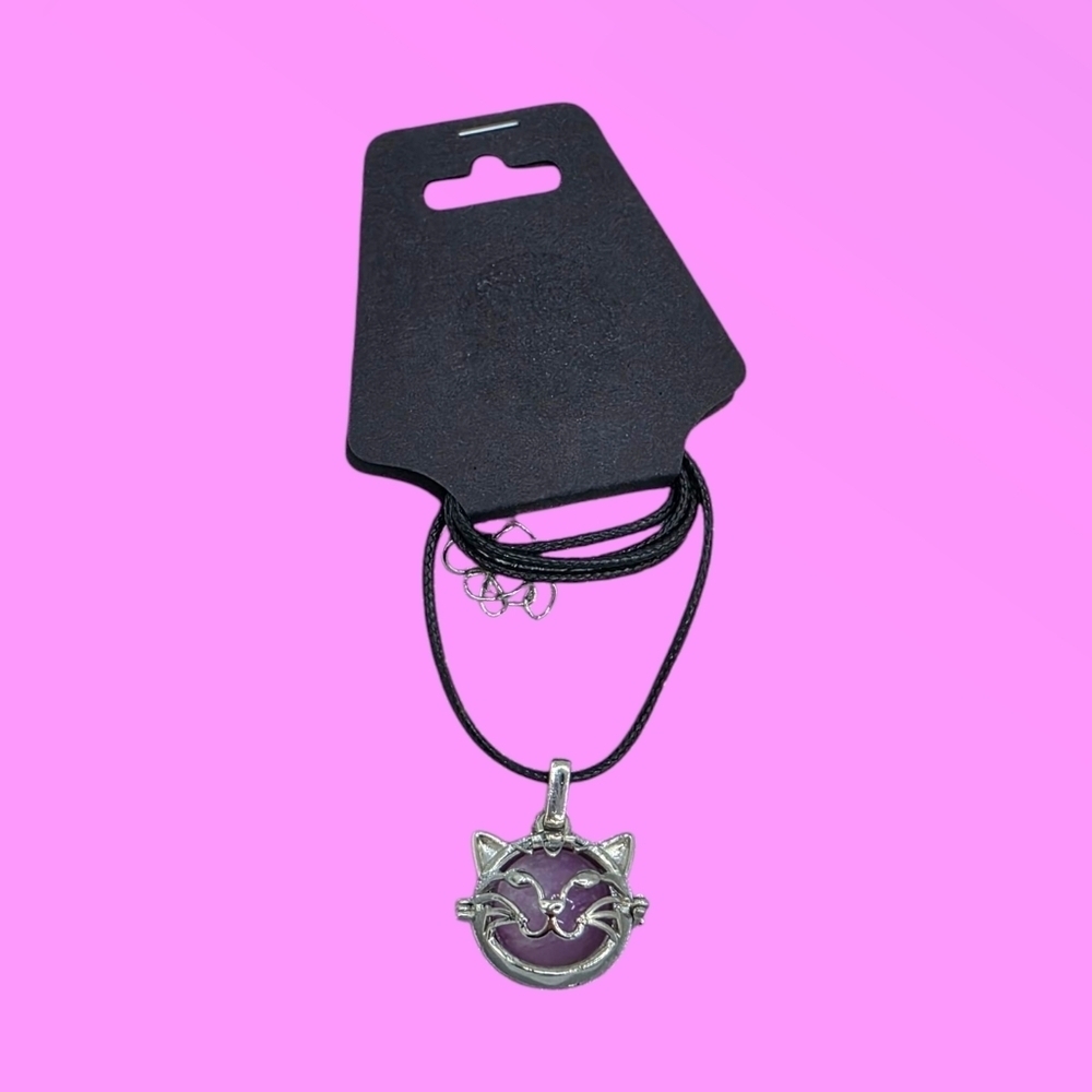 Purple Kunzite Sphere Crystal w/ Kitty Cat Locket Necklace
